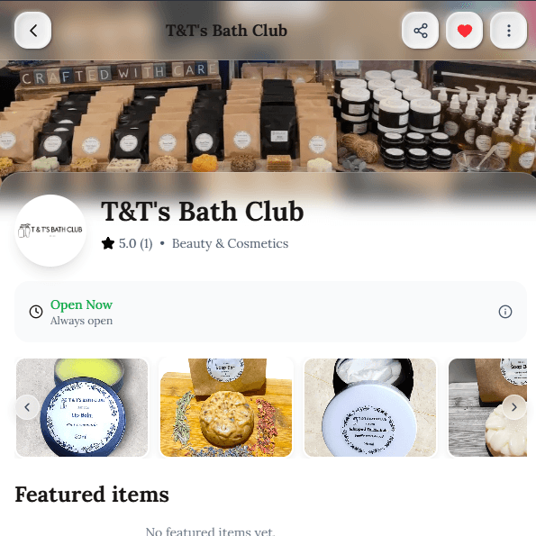 A Vendorah vendor storefront with featured products and opening hours