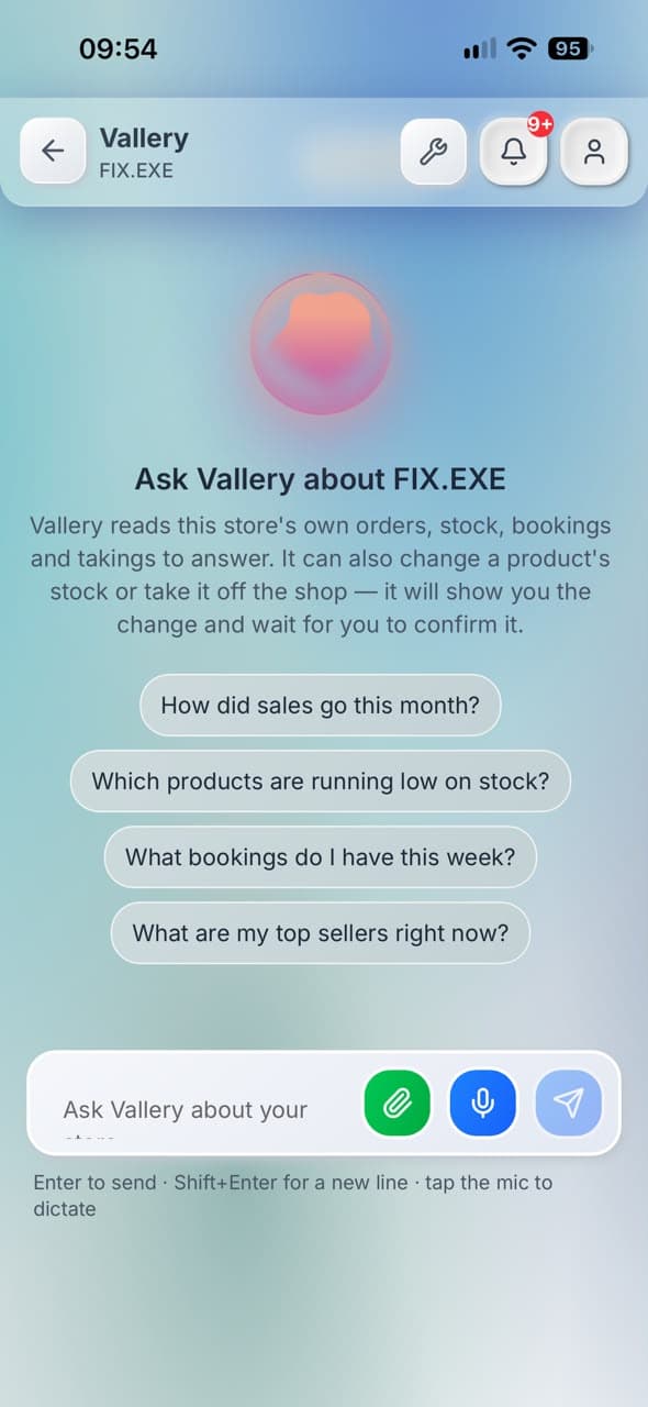 Vallery, the Vendorah AI assistant, ready to answer questions about a store's sales, stock and bookings