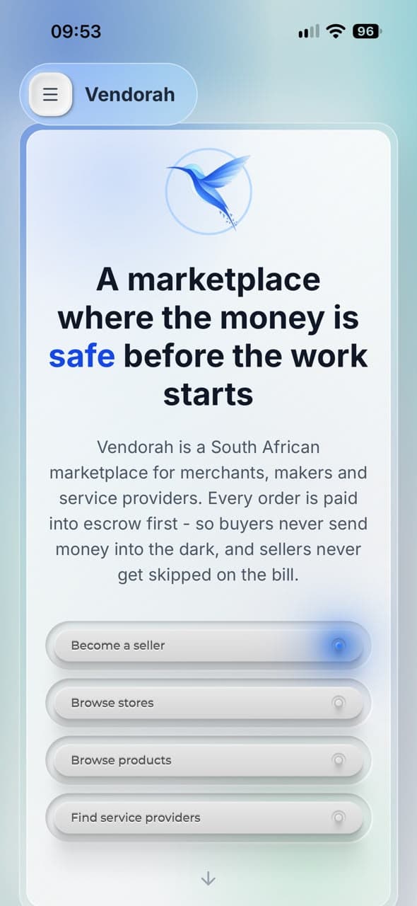 The Vendorah landing page: a marketplace where the money is safe before the work starts